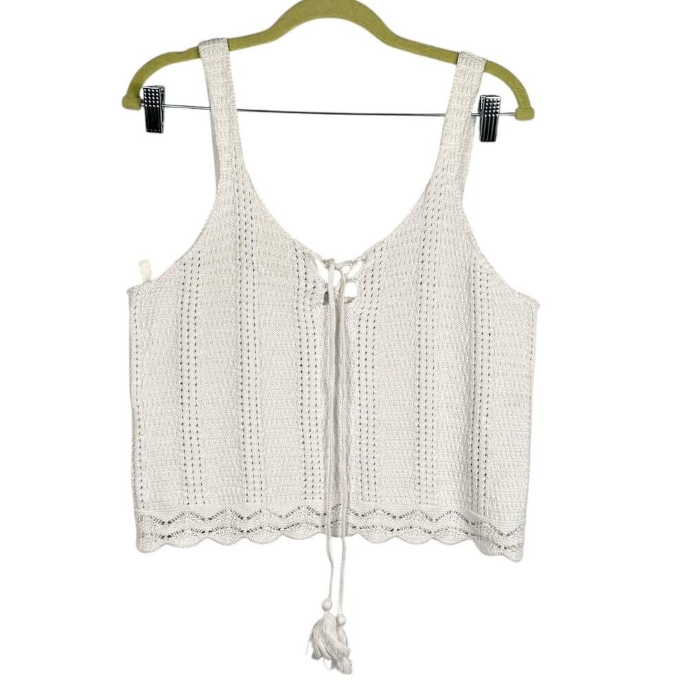 Old Navy White Knit Tie Tassel Strappy Cropped Cotton Tank Top Medium Breathable